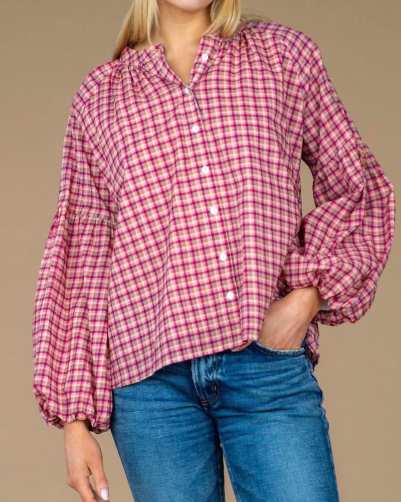 Front of a model wearing a size L Emory Top in Big Sky Plaid in Big Sky Plaid by Olivia James the Label. | dia_product_style_image_id:343627